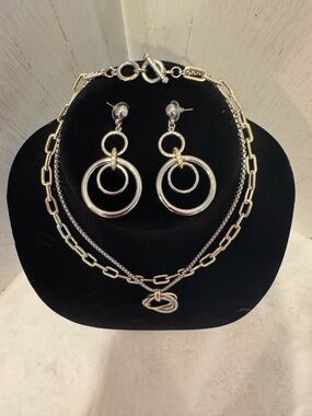 Silver and Gold Two-Tone Hoop Double Necklace, toggle closure and Earrings